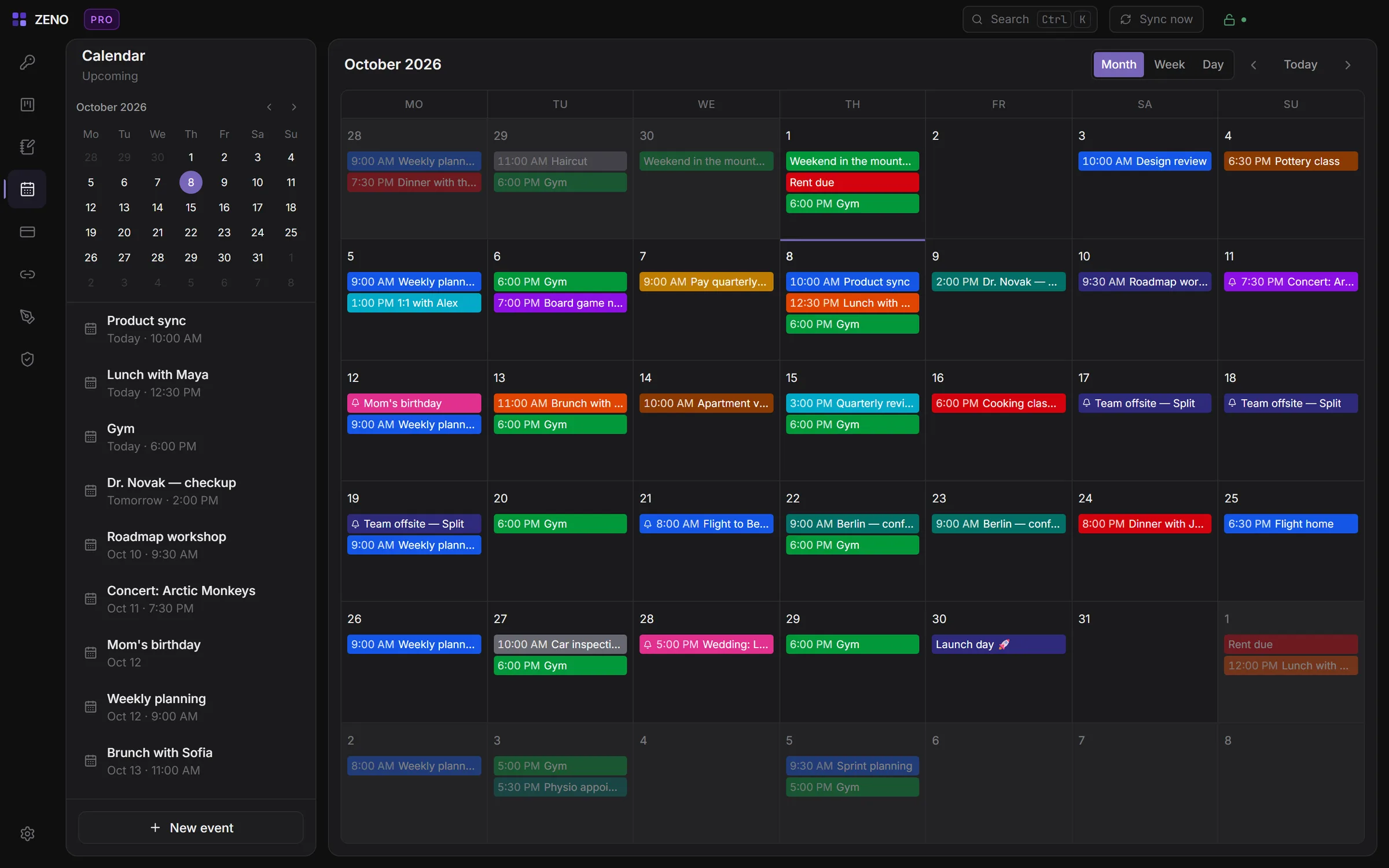 Zeno's calendar in the desktop app
