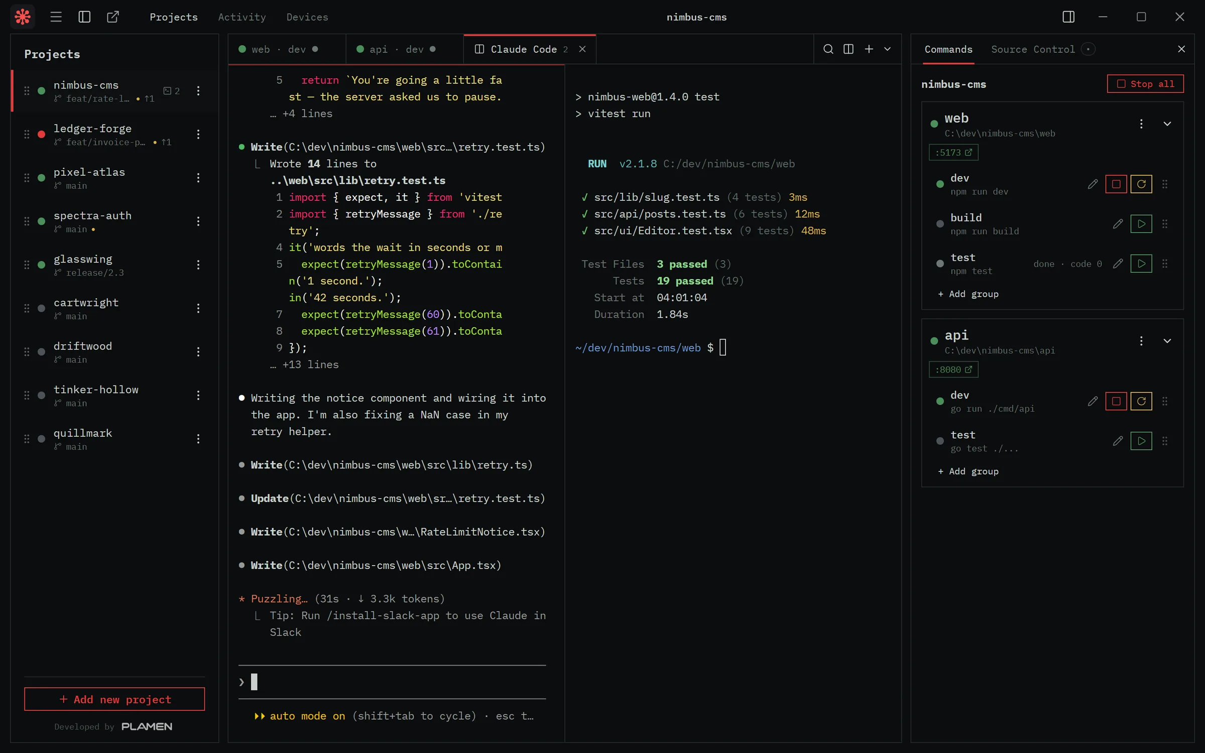 Dockmaster with the nimbus-cms project open: Claude Code in one pane, tests passing in the other, the web and api commands in the side panel