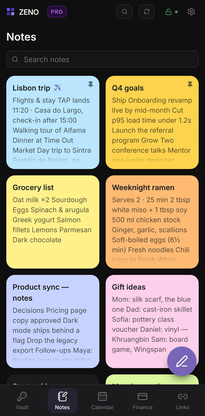 Zeno's notes in the phone app