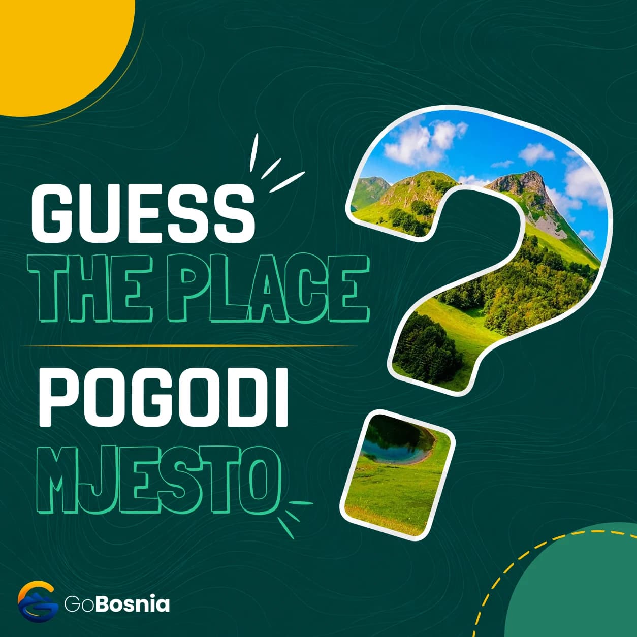 GoBosnia social post: Guess the place, a mountain meadow inside a question mark