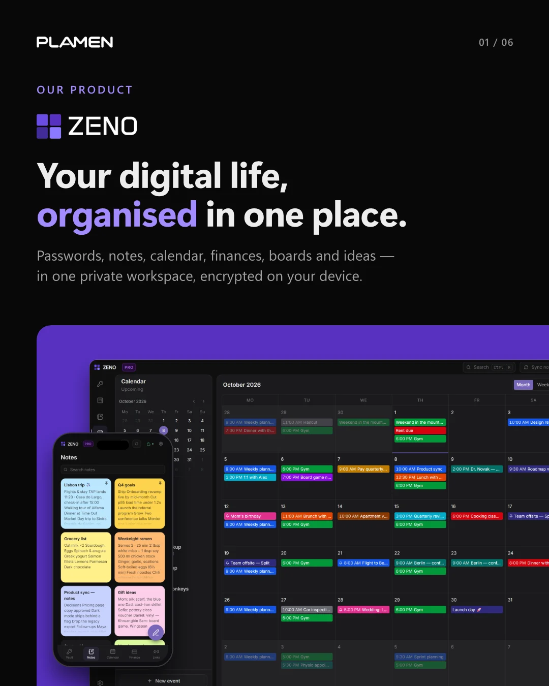 Zeno social post: Your digital life, organised in one place, over the calendar and notes