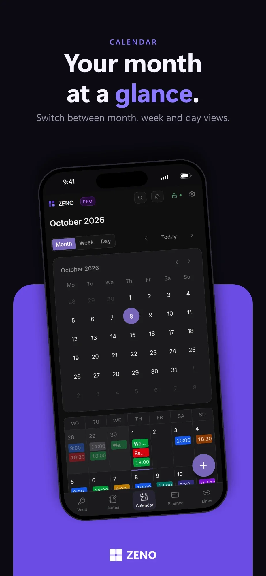 App store screenshot: Your month at a glance, with Zeno's calendar on a phone