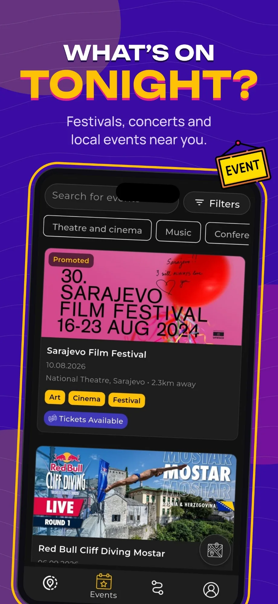 App store screenshot: What's on tonight? Festivals, concerts and local events near you