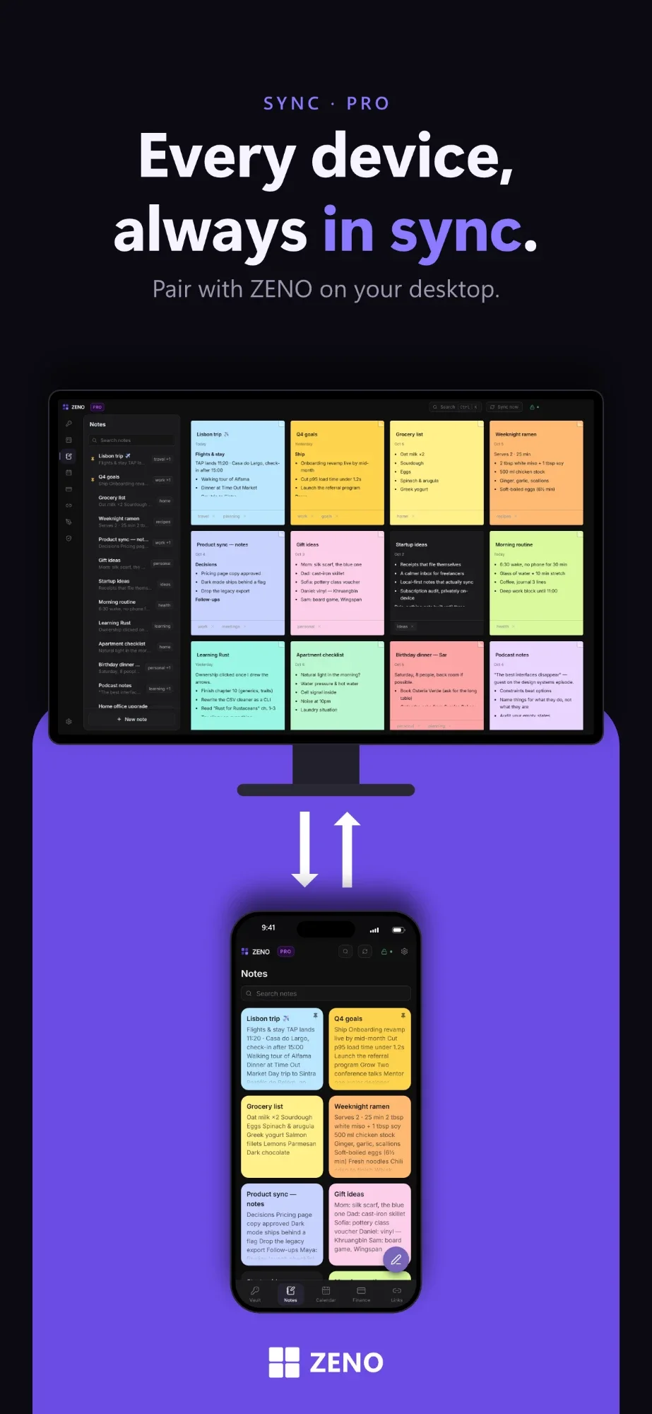 App store screenshot: Every device, always in sync, the desktop app above the phone app
