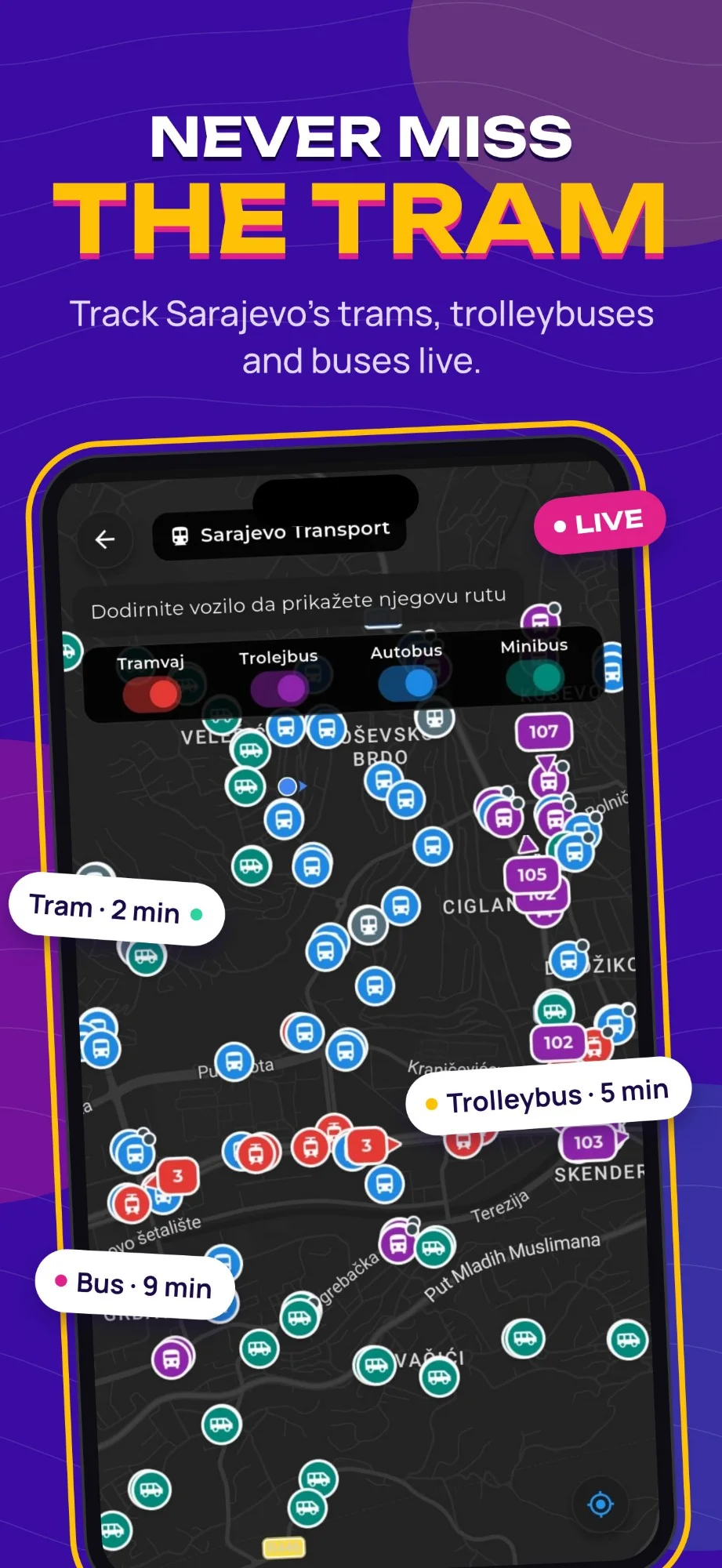 App store screenshot: Never miss the tram, with Sarajevo's trams, trolleybuses and buses tracked live